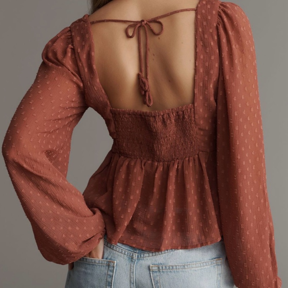 🟠NWT ANTHROPOLOGIE Back-Tie Long Sleeve Peplum Blouse in Rust